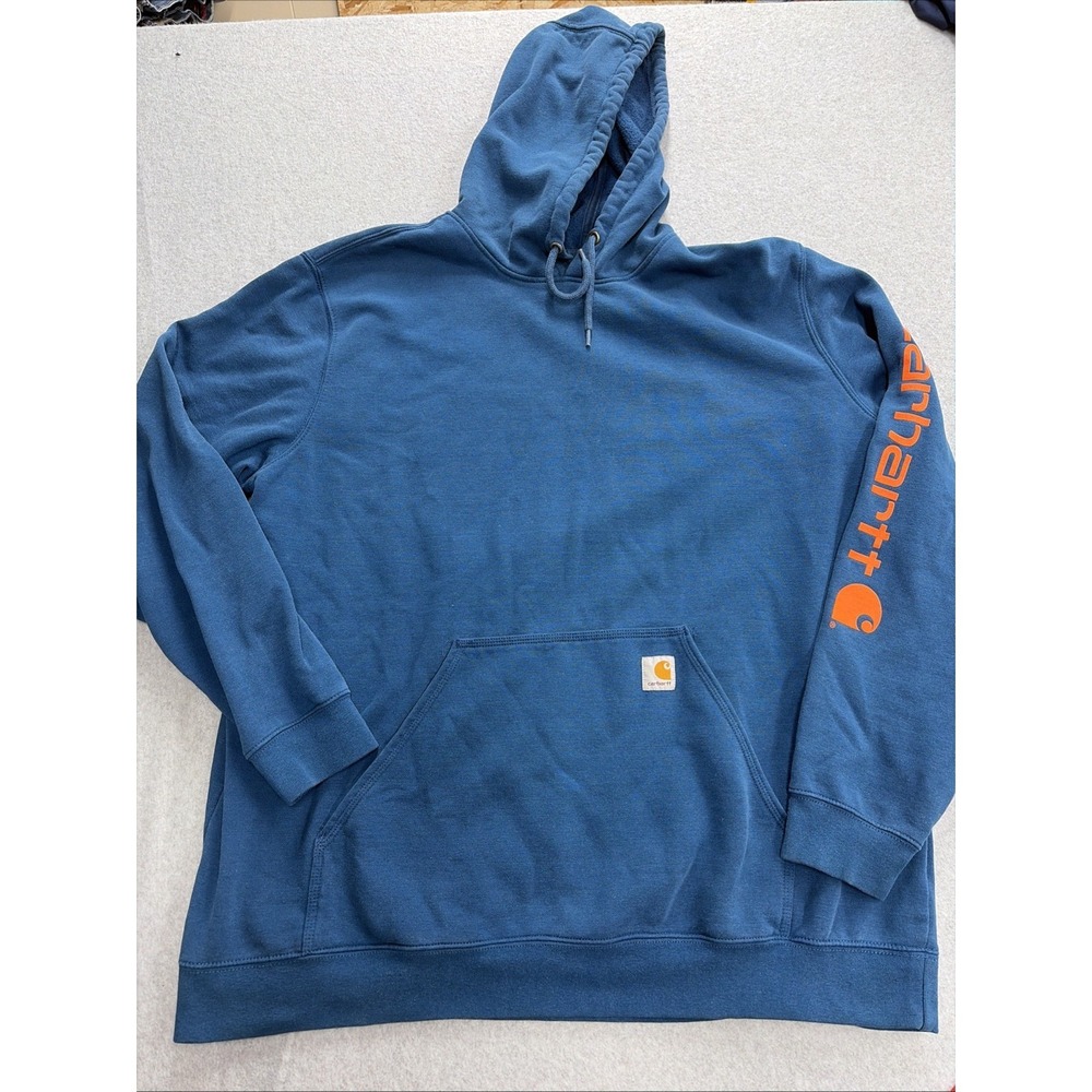 Carhartt Hoodie Mens 2XLT XXL Blue Sleeve Logo Hit Original Fit Workwear Utility